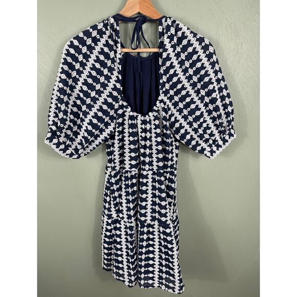 Maje Women's Size 34 Navy Woven Embroidered Frills Round Neck Trapeze Mini Dress - Picture 12 of 13